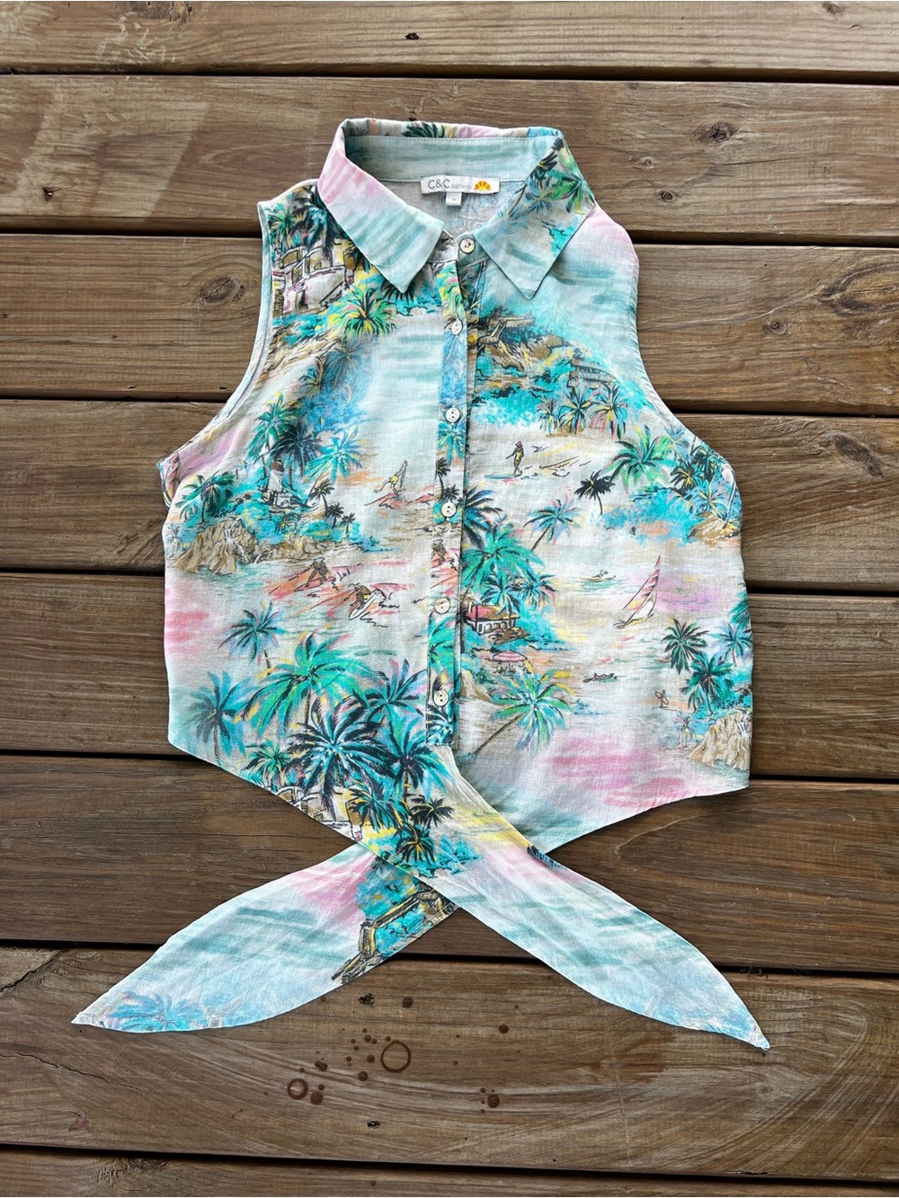C&C California Pastel Tropical Print Tie-Front Button-Down Top